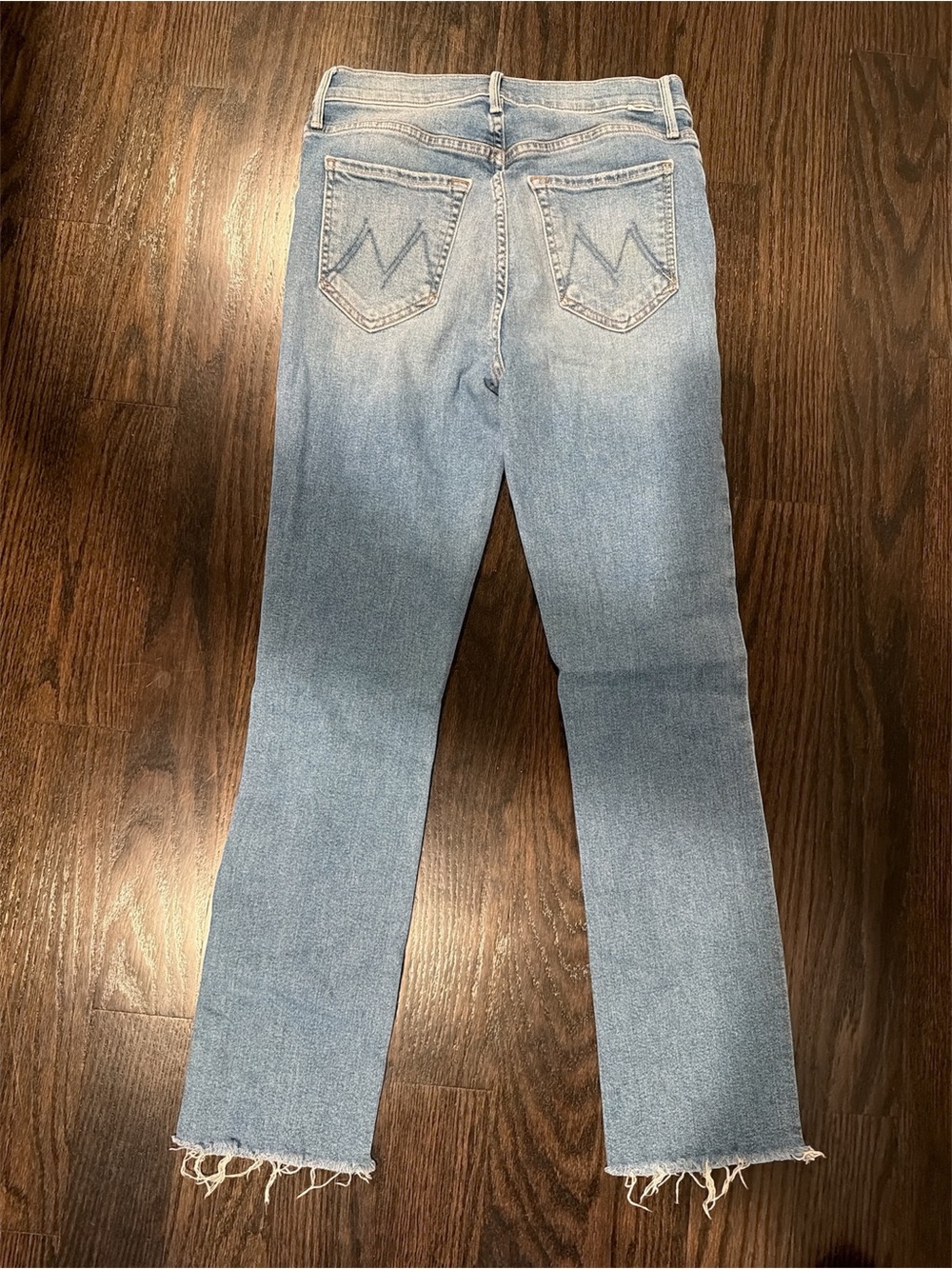 MOTHER Pixie Dazzler ankle fray. Light Blue Straight Leg Jeans with Frayed Hem